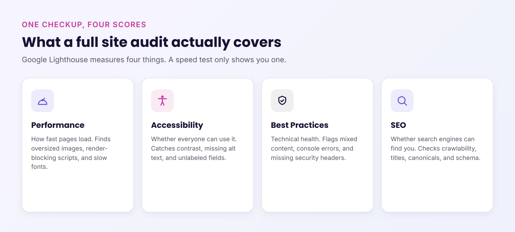 A full WordPress site checkup covers four Lighthouse categories: performance, accessibility, best practices, and SEO