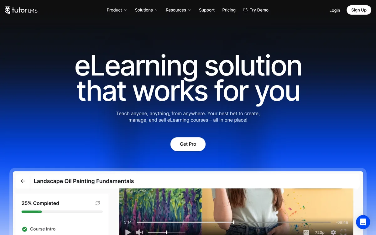 The TutorLMS homepage, showing its course player with per-student progress tracking