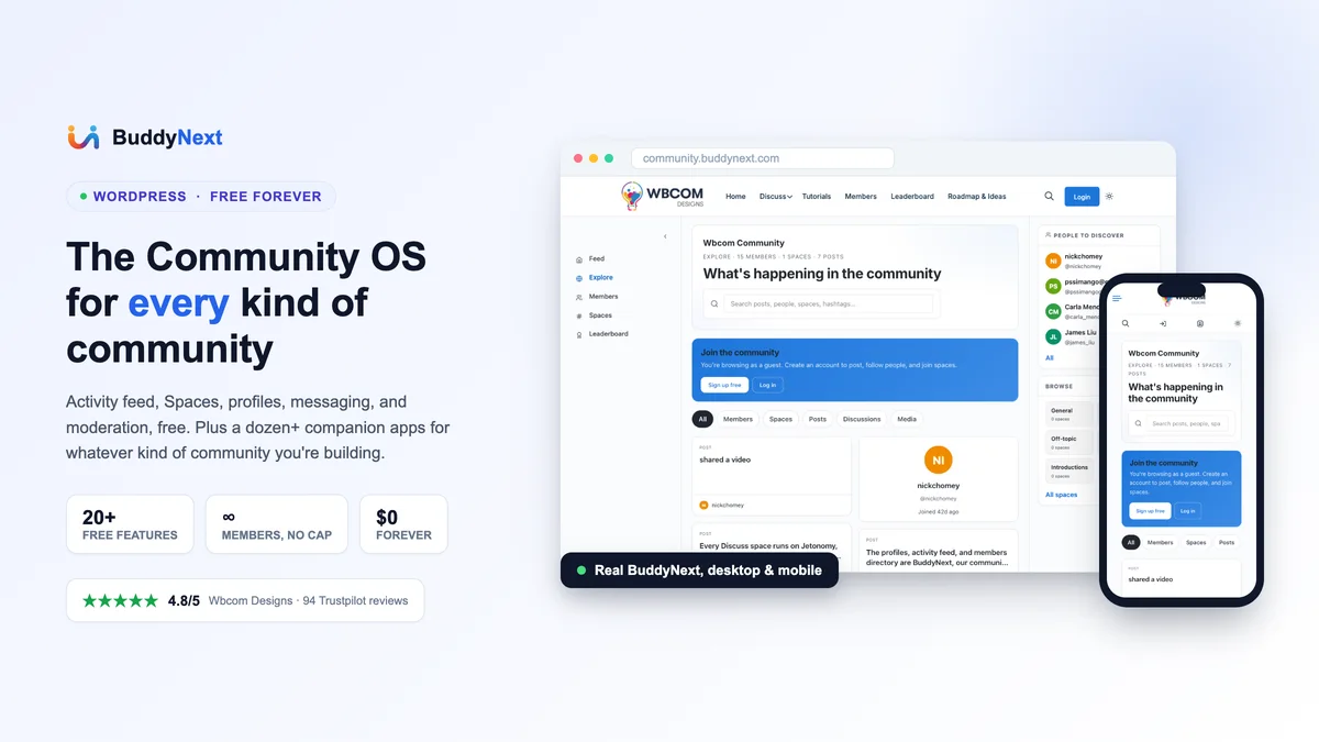 BuddyNext: the Community OS for every kind of community, shown on desktop and mobile