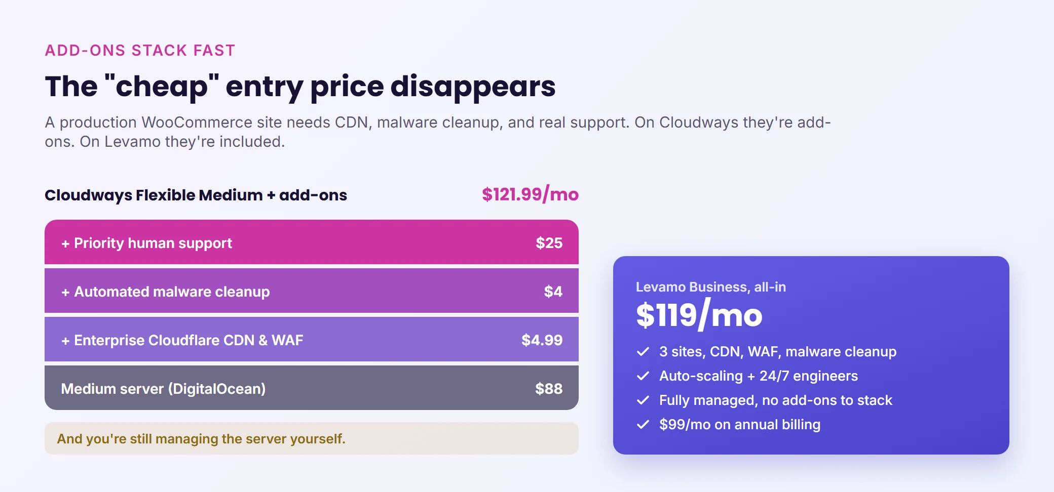 The cheap entry price disappears: a Cloudways Flexible Medium server at $88 plus CDN, malware cleanup, and priority support add-ons stacks to $121.99 a month and you still manage the server, while Levamo Business is $119 a month all-in and fully managed