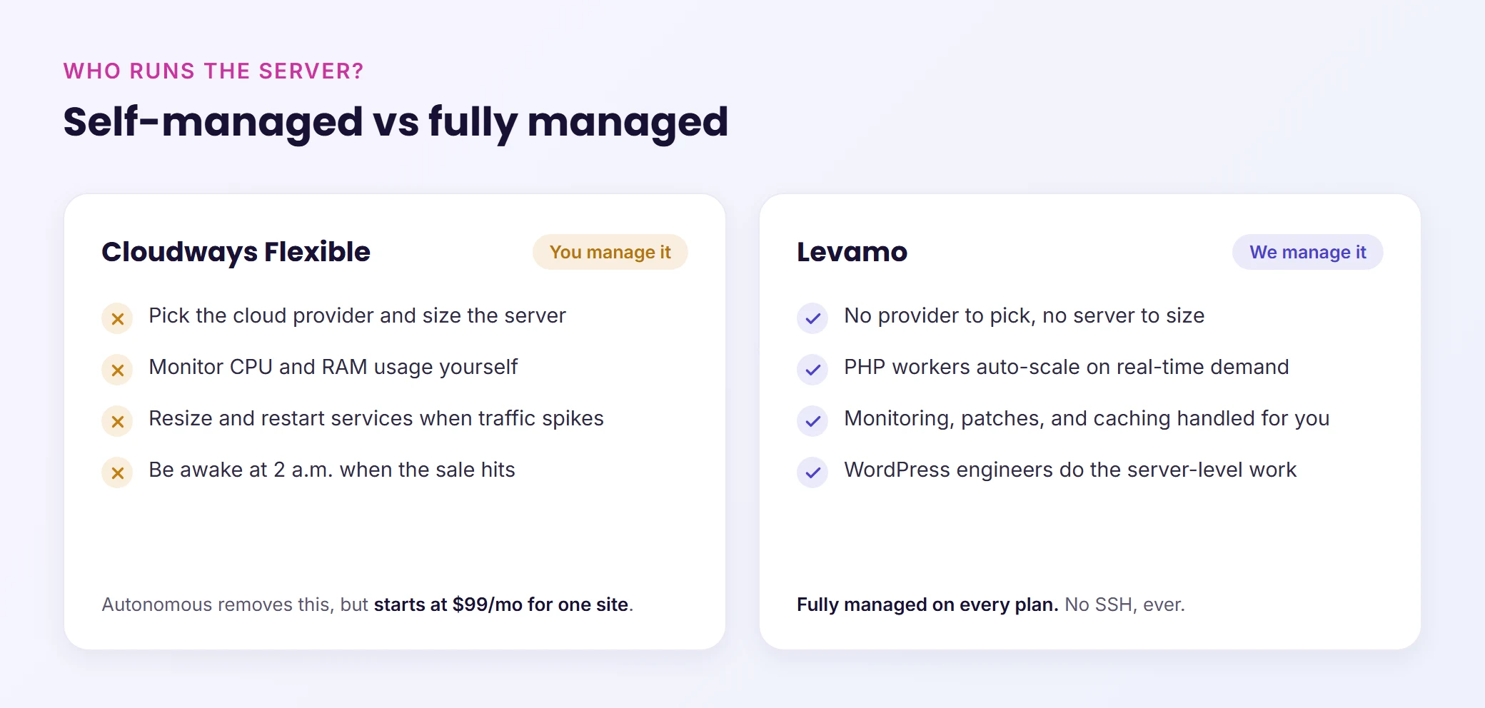 Self-managed vs fully managed: on Cloudways Flexible you pick the provider, size the server, monitor usage, and resize during traffic spikes; on Levamo the WordPress engineers handle all of it