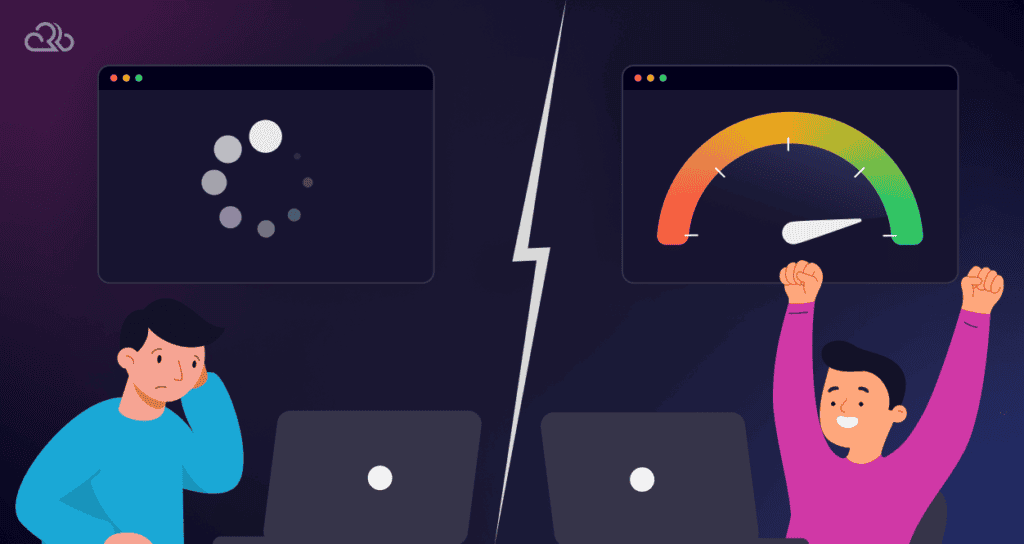 A split-screen showing a frustrated user with a loading circle and the other side showing a happy user with a seamless website experience