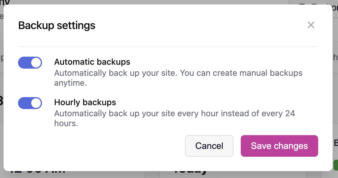 The Levamo Backup settings panel with the Automatic backups and Hourly backups toggles turned on.