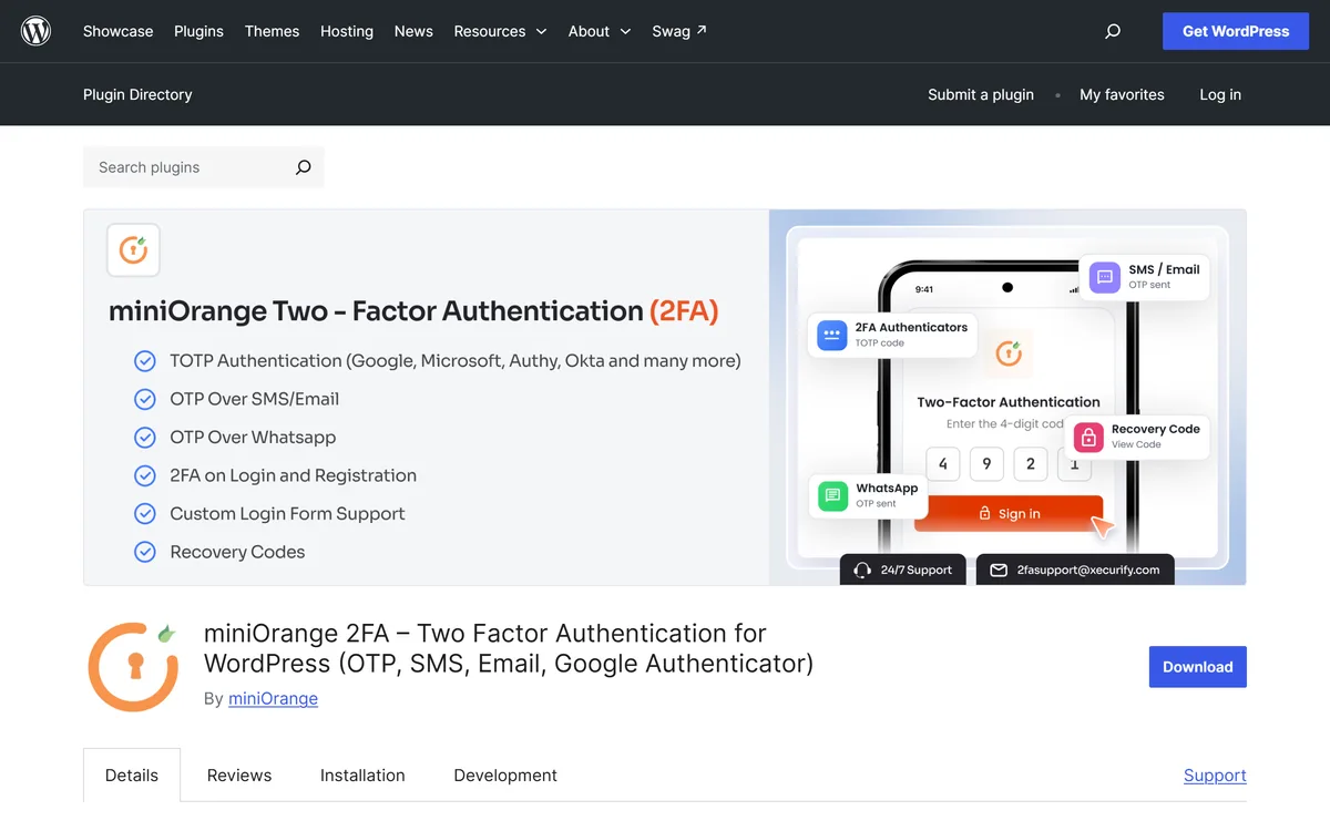 miniOrange 2FA plugin homepage