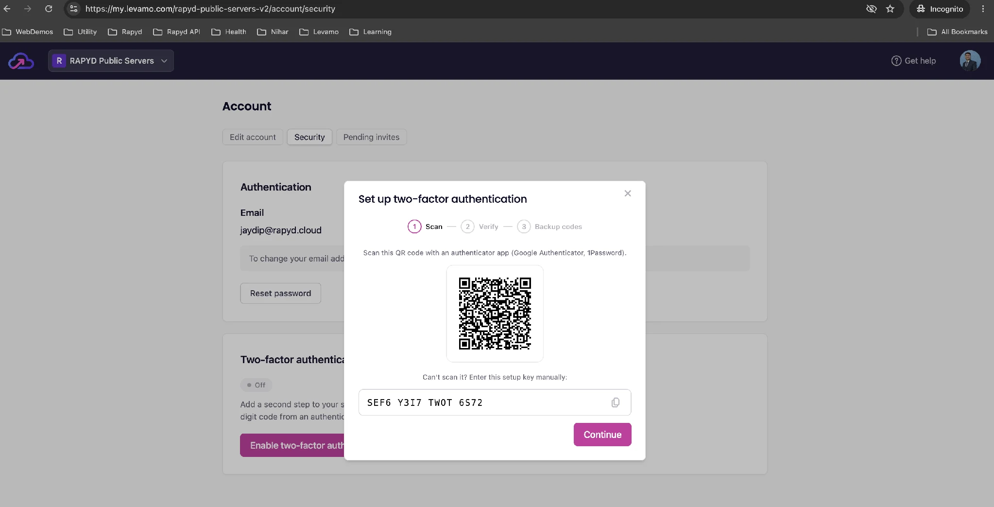 The Levamo two-factor authentication setup modal showing a QR code to scan and a manual setup key
