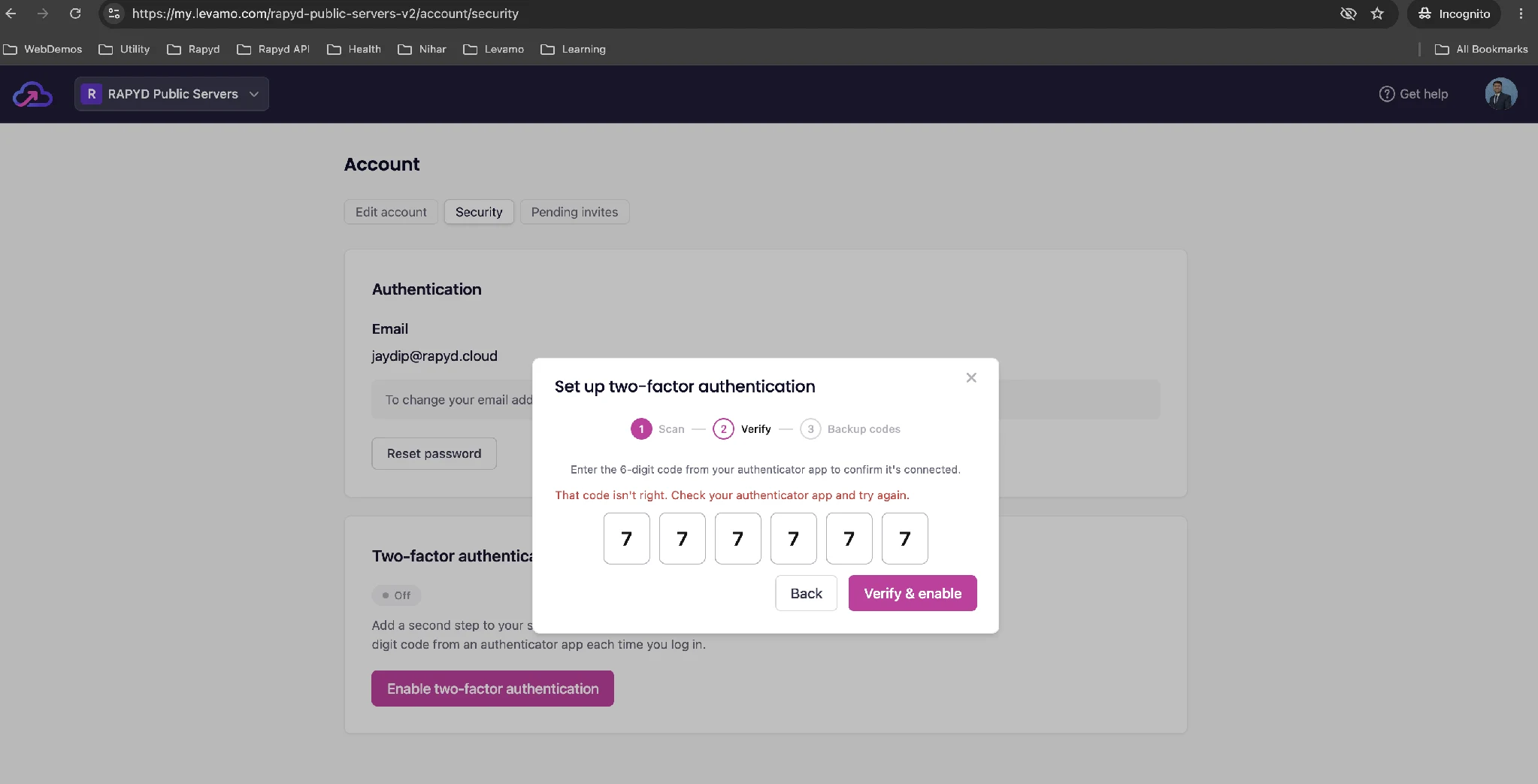The Verify step of the Levamo 2FA setup, entering the six-digit code from the authenticator app