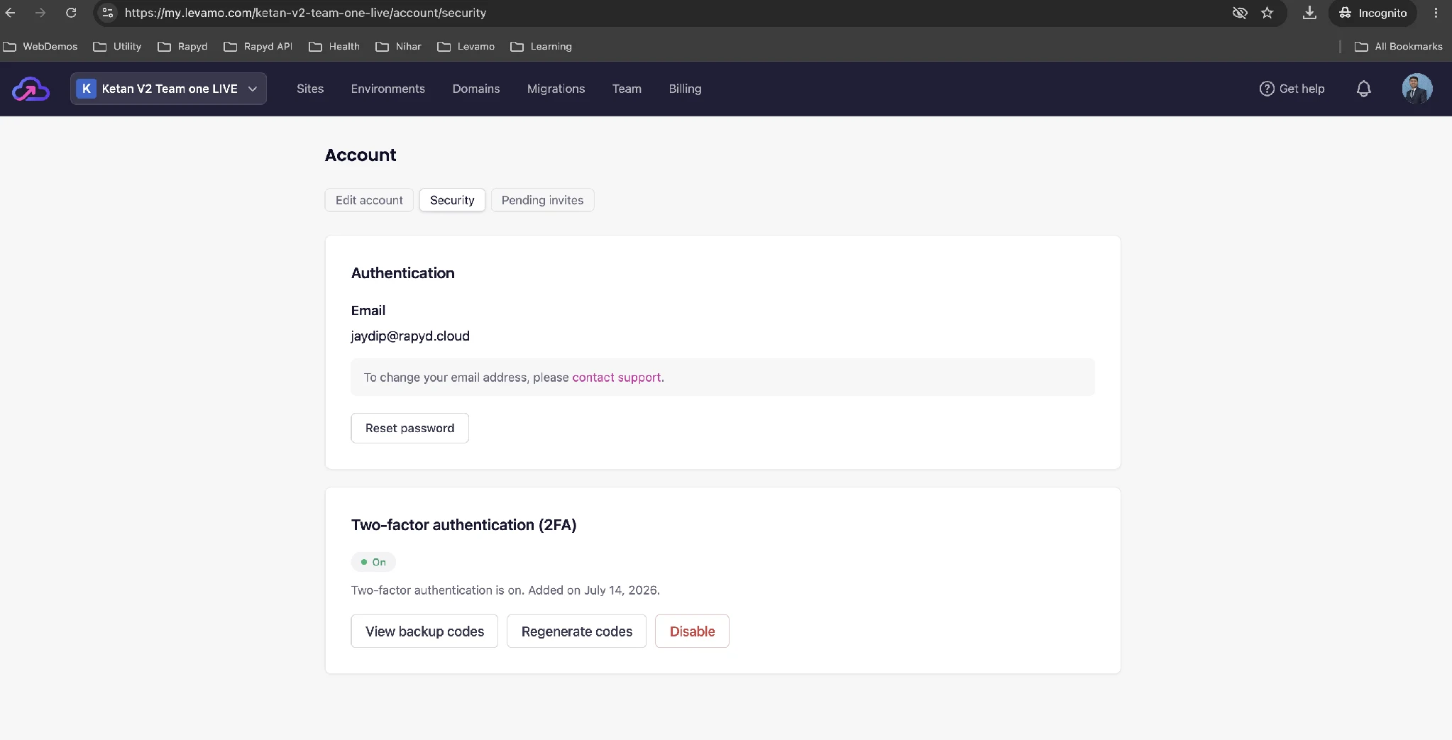 The Levamo Security page showing two-factor authentication switched On with View backup codes, Regenerate codes, and Disable options