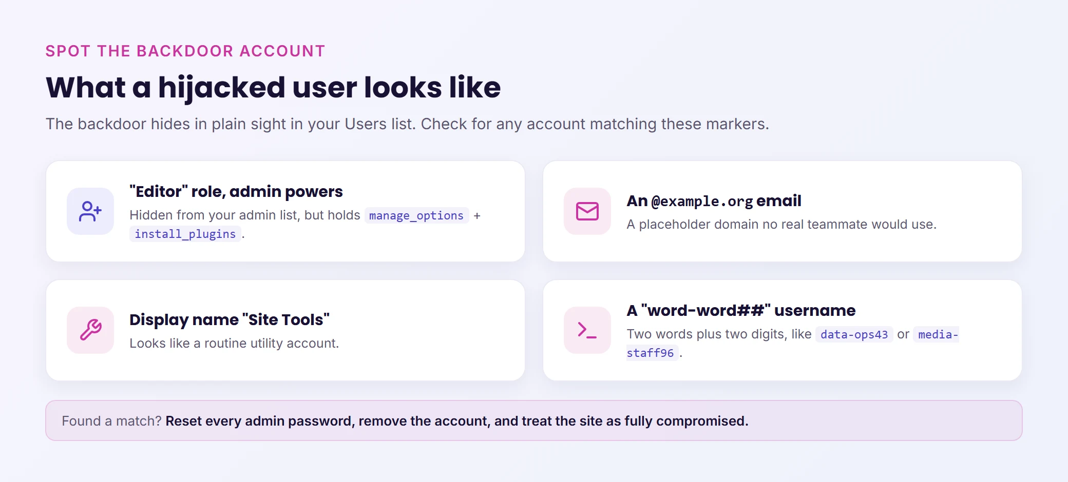 How to spot the backdoor account in your WordPress Users list: it uses the Editor role but carries admin capabilities, an email ending in example.org, the display name Site Tools, and a word-word plus two-digit username such as data-ops43