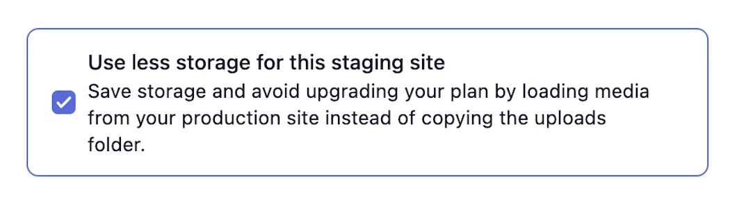 The Use less storage for this staging site checkbox in the Levamo dashboard, described as saving storage by loading media from your production site instead of copying the uploads folder