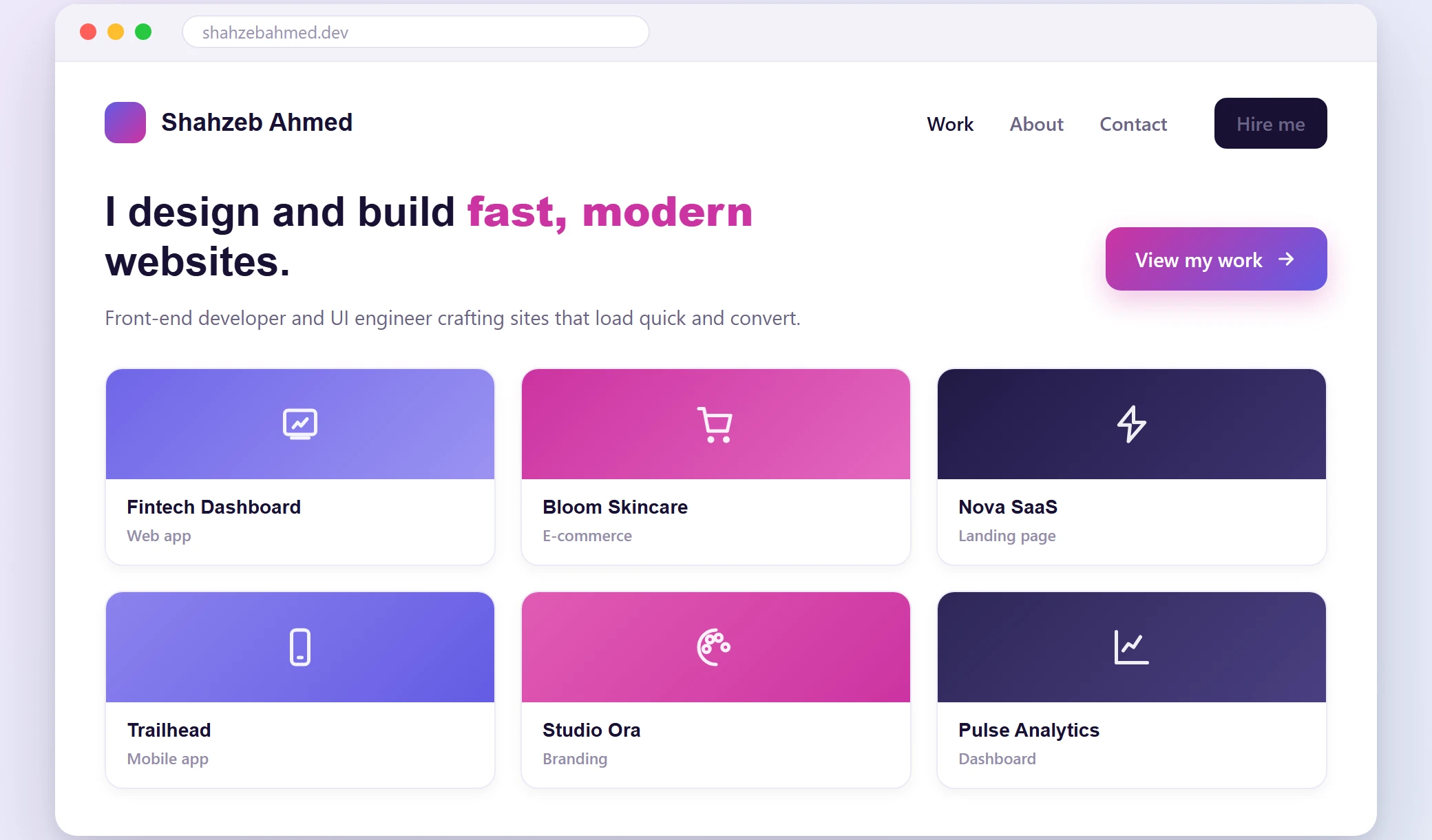 A web developer portfolio site shown in a browser with a project grid