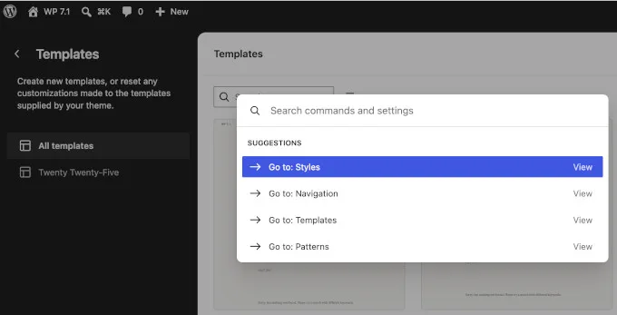 The WordPress 7.1 command palette with contextual suggestions
