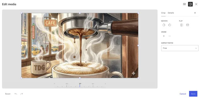 The redesigned WordPress 7.1 image editor with cropping, rotation, and flip controls