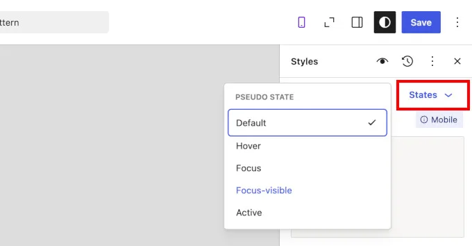 Interaction state styling dropdown with hover, focus, and active options in WordPress 7.1