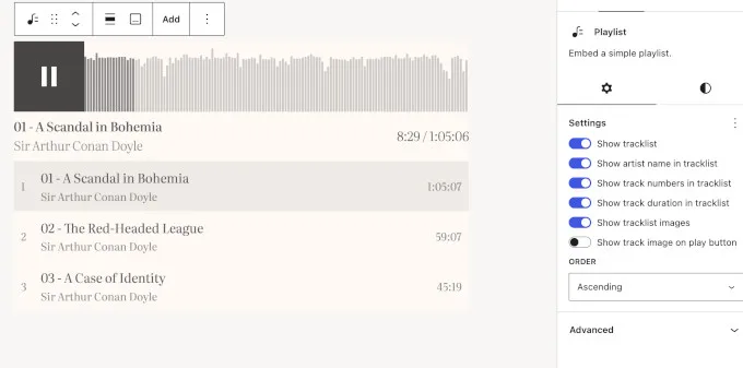 The new Playlist block in WordPress 7.1 with track metadata and waveform visualization