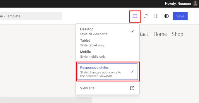 Responsive styling controls in the WordPress 7.1 Site Editor with device preview toggles
