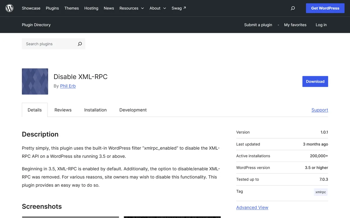 Disable XML-RPC plugin homepage