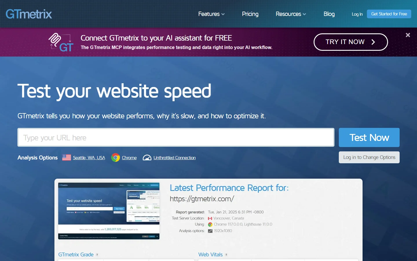 GTmetrix homepage
