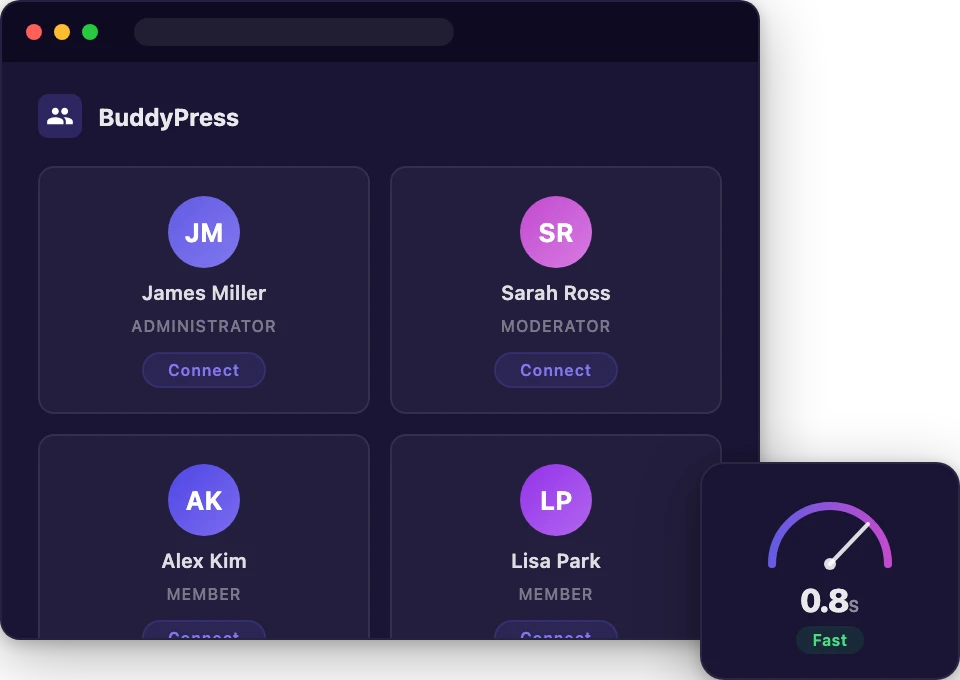 BuddyPress community hosting dashboard with activity stream and speed gauge