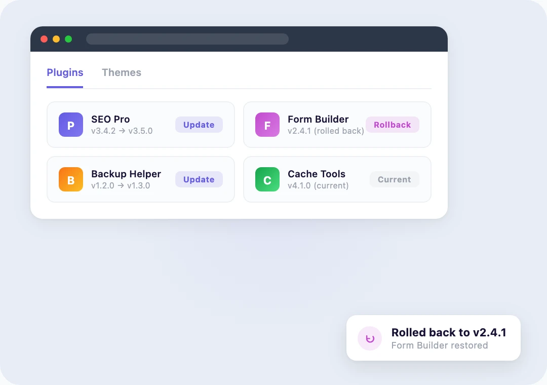 Plugin and theme list in the Levamo dashboard with update and rollback buttons