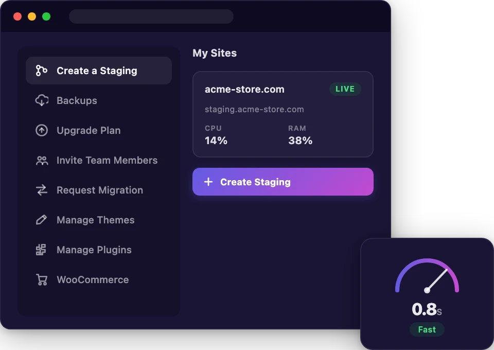 Levamo dashboard with site list and one-click management actions