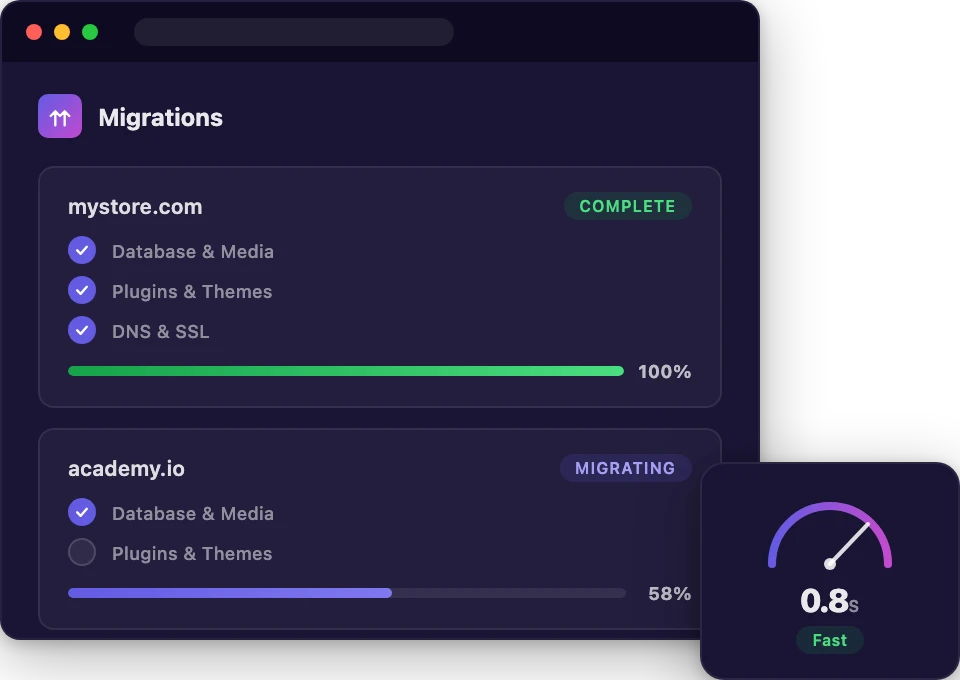 Migration dashboard showing a WordPress site transferring to Levamo with a speed gauge