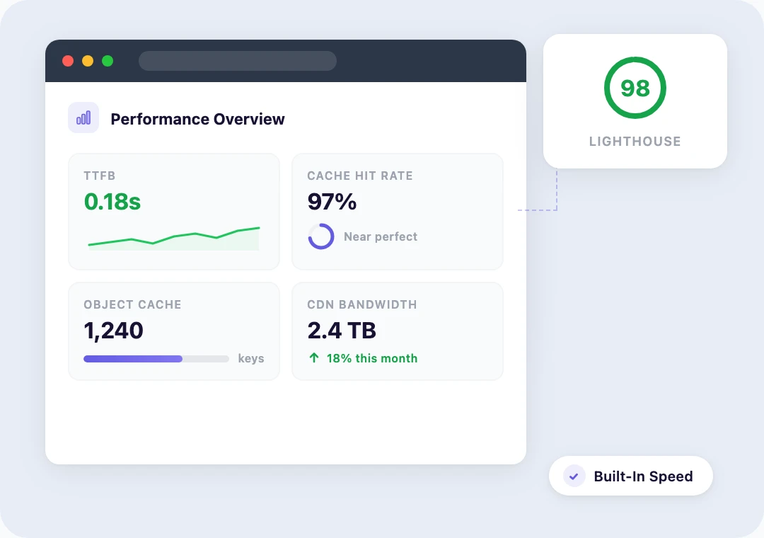 Performance dashboard showing fast page load times and a healthy speed score